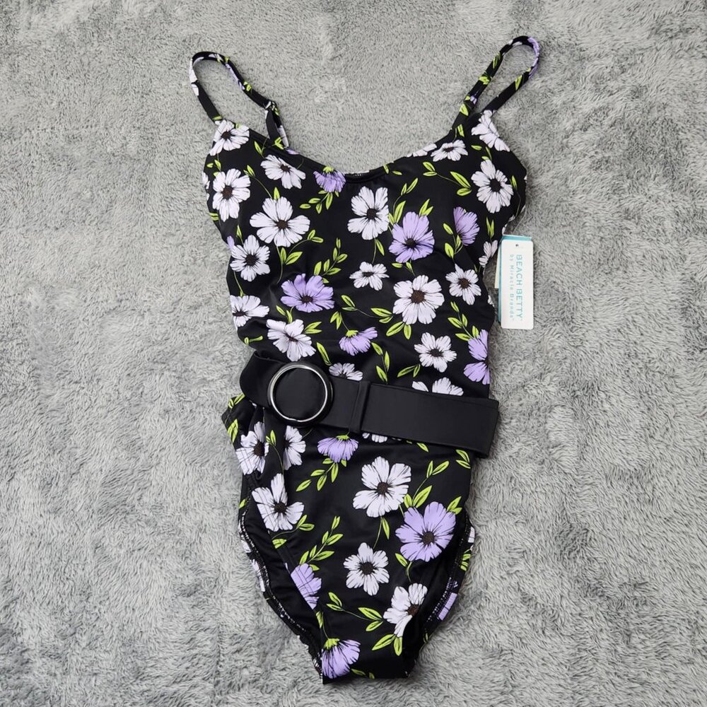 purple flower/black one piece bathing suit